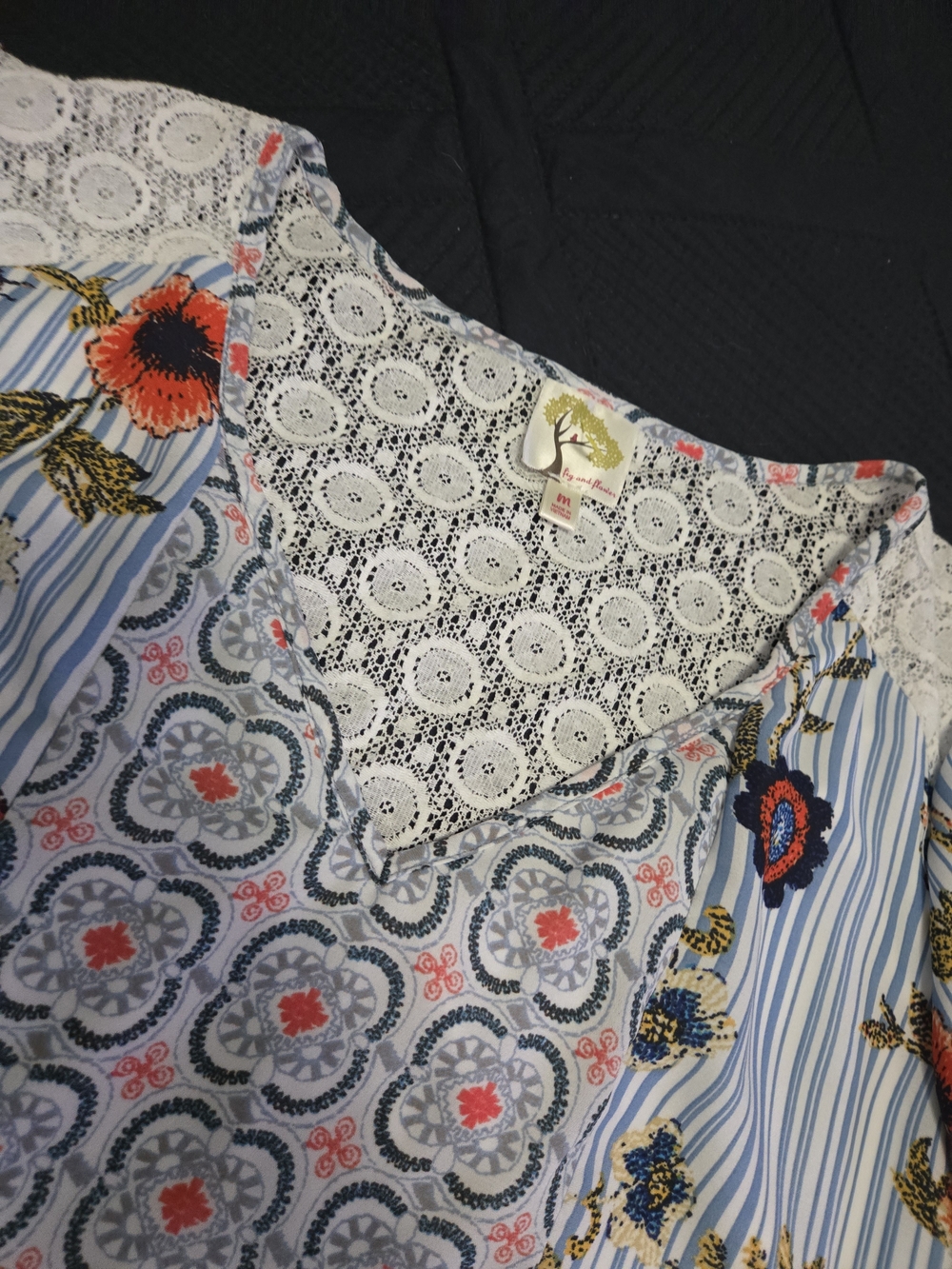 fig and flower Mixed-Print Lace Yoke Top - White, Blue, Coral